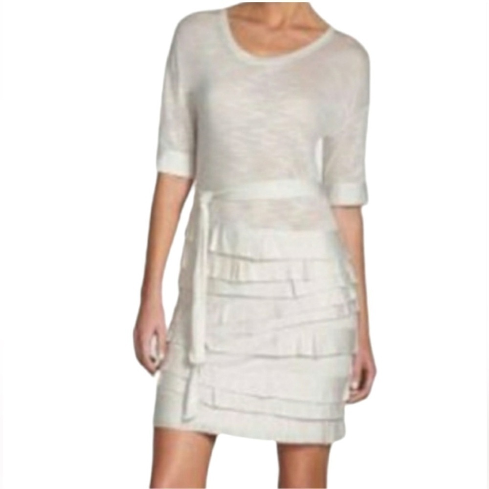 BCBGMaxAzria Vintage Harmonie Cloud Grey Heathered Belted Ruffle Midi Dress XXS